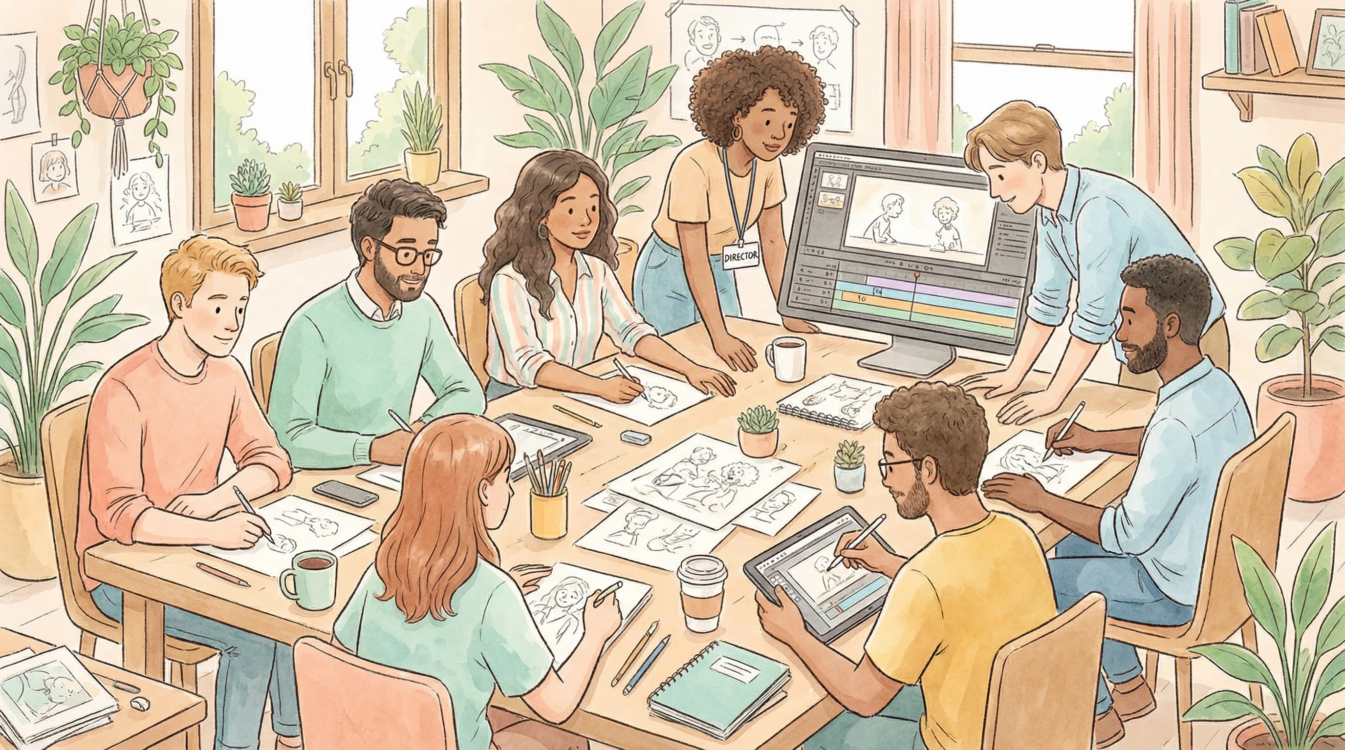 喷水创作团队工作场景插画 - 多元化动画创作团队协作