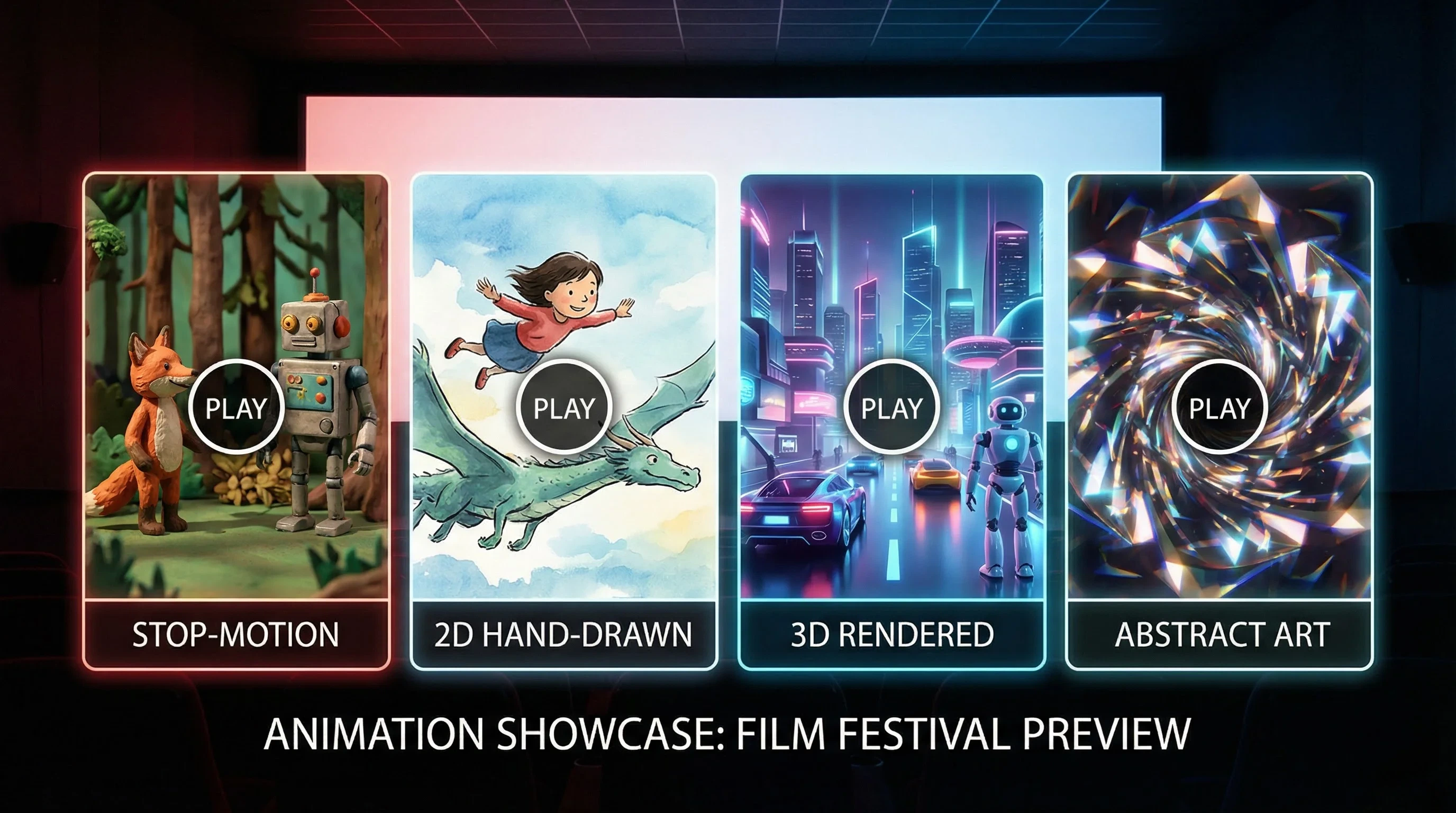 喷水动画预告片合集横幅 - 定格动画、2D手绘、3D渲染、抽象艺术四种风格预览